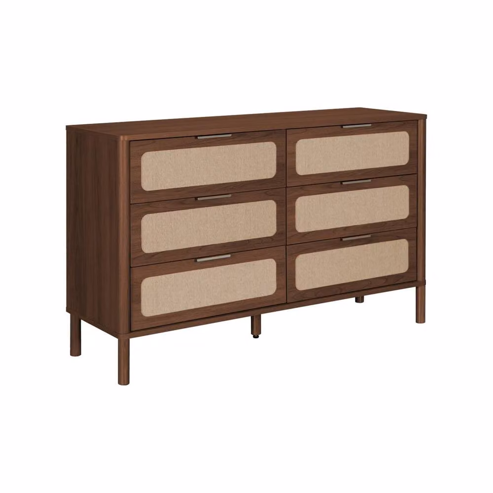 sweeek Vintage 6-Drawer Chest of Drawers with Cane and Wood Decor in Dark Brown, W/D/H: 120 x 39.5 x 75.5 cm – 2