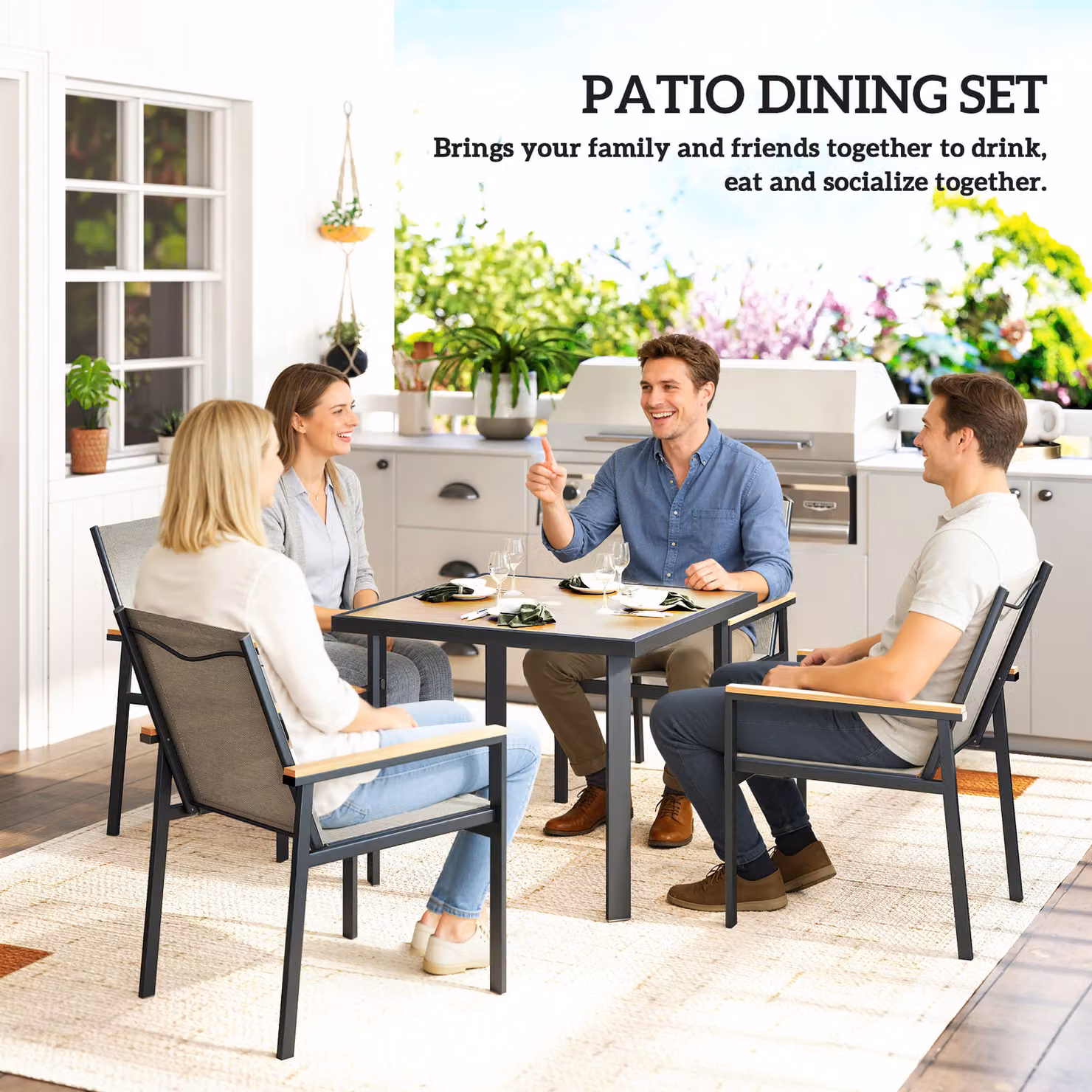 Outsunny Five-Piece Modern Metal Garden Dining Set with Glass-Top Square Table in Beige and Grey – 4