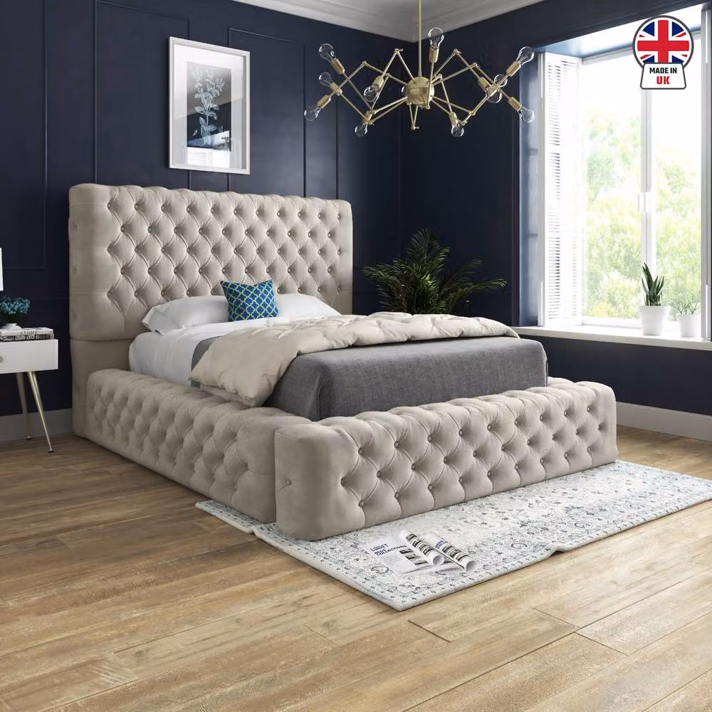 KDMD Littleton Pleated Upholstered Designer Bed Frame in Beige, W/D/H: 180 x 137 x 201 cm – 3