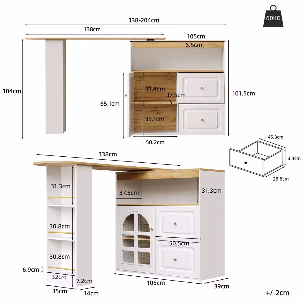 ModernLuxe Rotating Bar Cabinet with 2 Internal Drawers and Glass Doors, White, W/D/H: 39.0 x 56.9 x 104.0 cm – 3