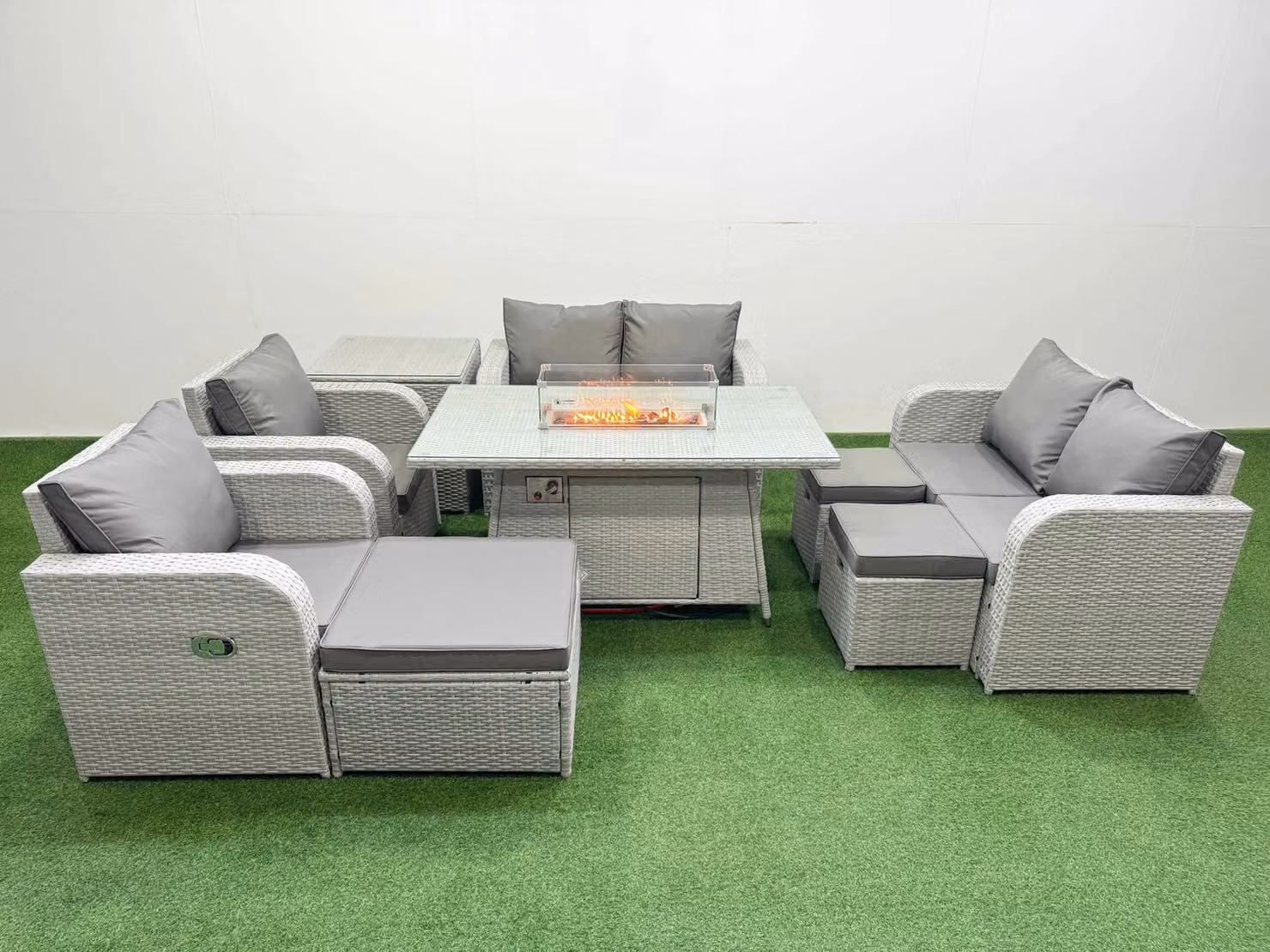 Fimous 9 Seater Rattan Garden Furniture Set with Firepit Dining Table, 3 Stools and Side Table in Light Grey