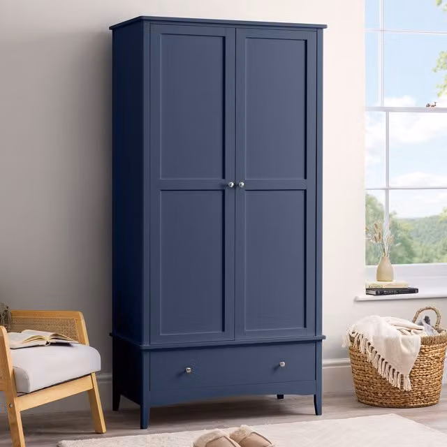 Christow Double Wardrobe with Drawer, 2 Door Blue Bedroom Storage Cupboard, H 185 x W 94.5 x D 50 cm – 1