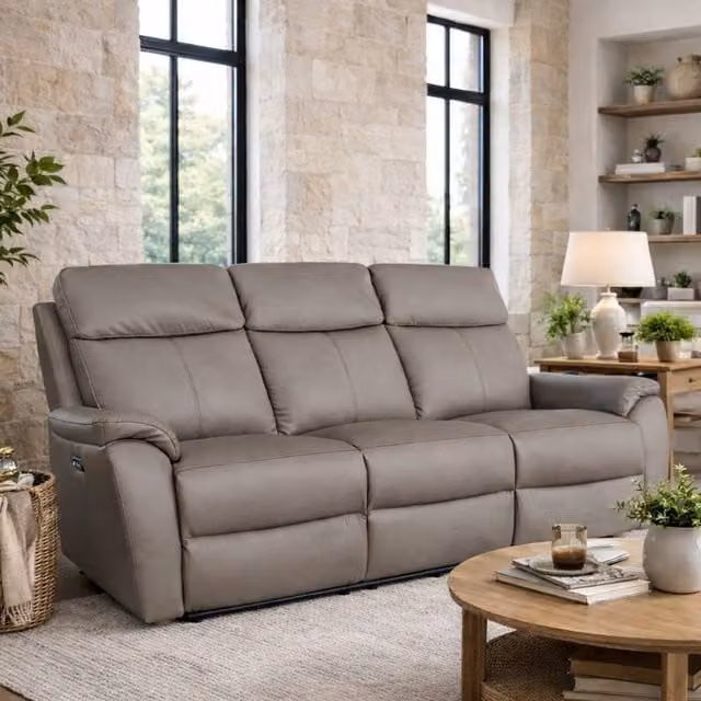 Aspire Kingsmere 3 Seater Power Recliner Sofa in Grey Real Leather with USB Charging