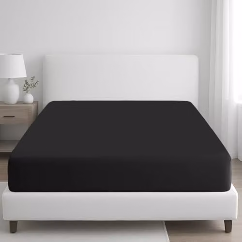 Pamposh King Size Mako Satin Cotton Fitted Sheet, Black, W/D/H: 180 x 200 x 35 cm