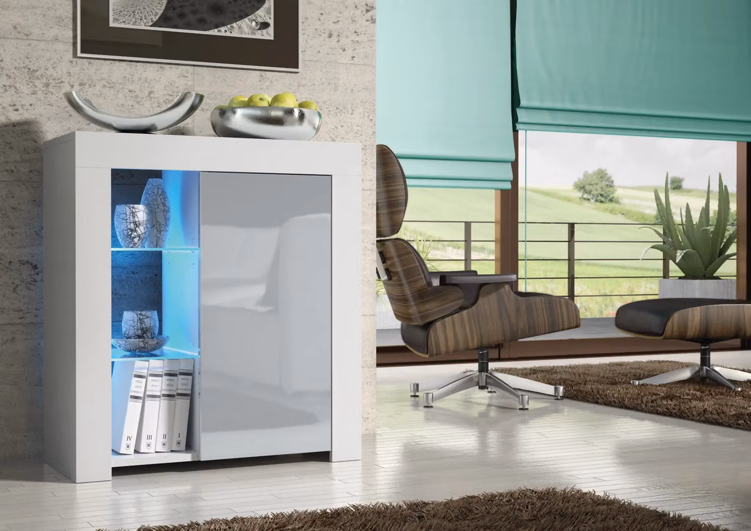 Mex Furniture LTD Modern Glossy Sideboard with Integrated LED Lighting in Light Grey, W: 83 cm, H: 75 cm, D: 35 cm – 3