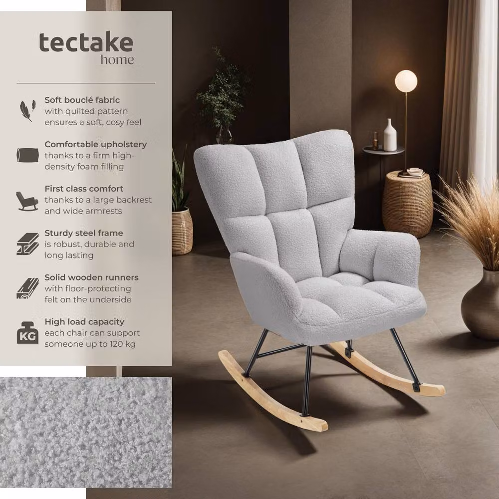 tectake Torve Rocking Chair with Bouclé Fabric and Wooden Runners in Light Grey – 2