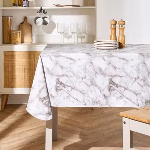 OHS White Marble Effect Rectangular Wipe Clean PVC Tablecloth, W: 132 cm, L: 178 cm