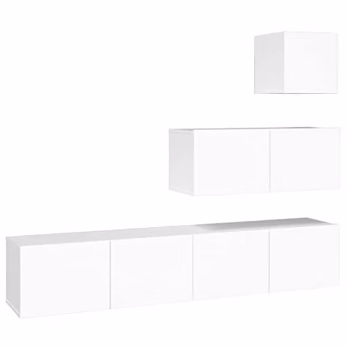 vidaXL 4 Piece Modern White Wall Mounted TV Cabinet Set in Matt Engineered Wood – 1
