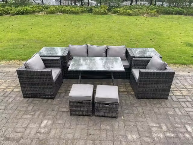 Fimous Rattan Outdoor Garden Dining Set in Dark Grey with Dining Table, 2 Armchairs, 2 Side Tables and Small Stools