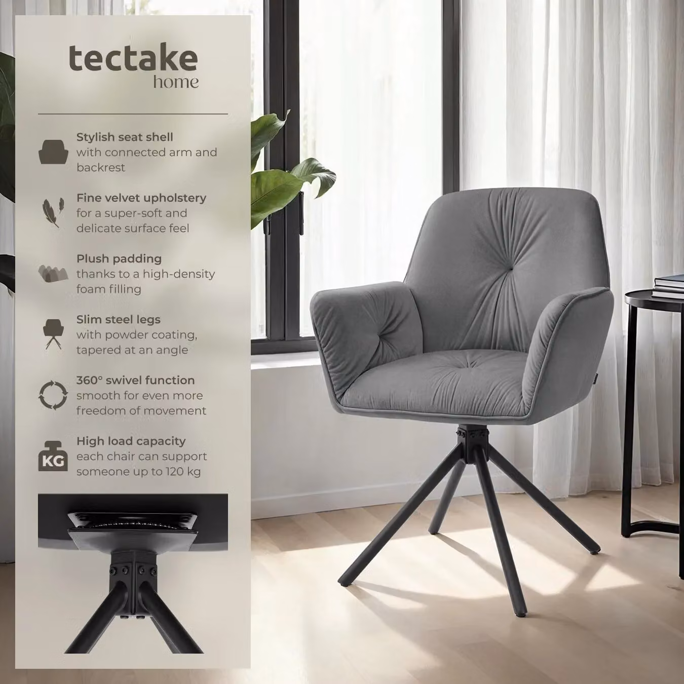 tectake Lenia Set of 4 Swivel Dining Chairs in Dark Grey Velvet Look with Anthracite and Black Accents – 2