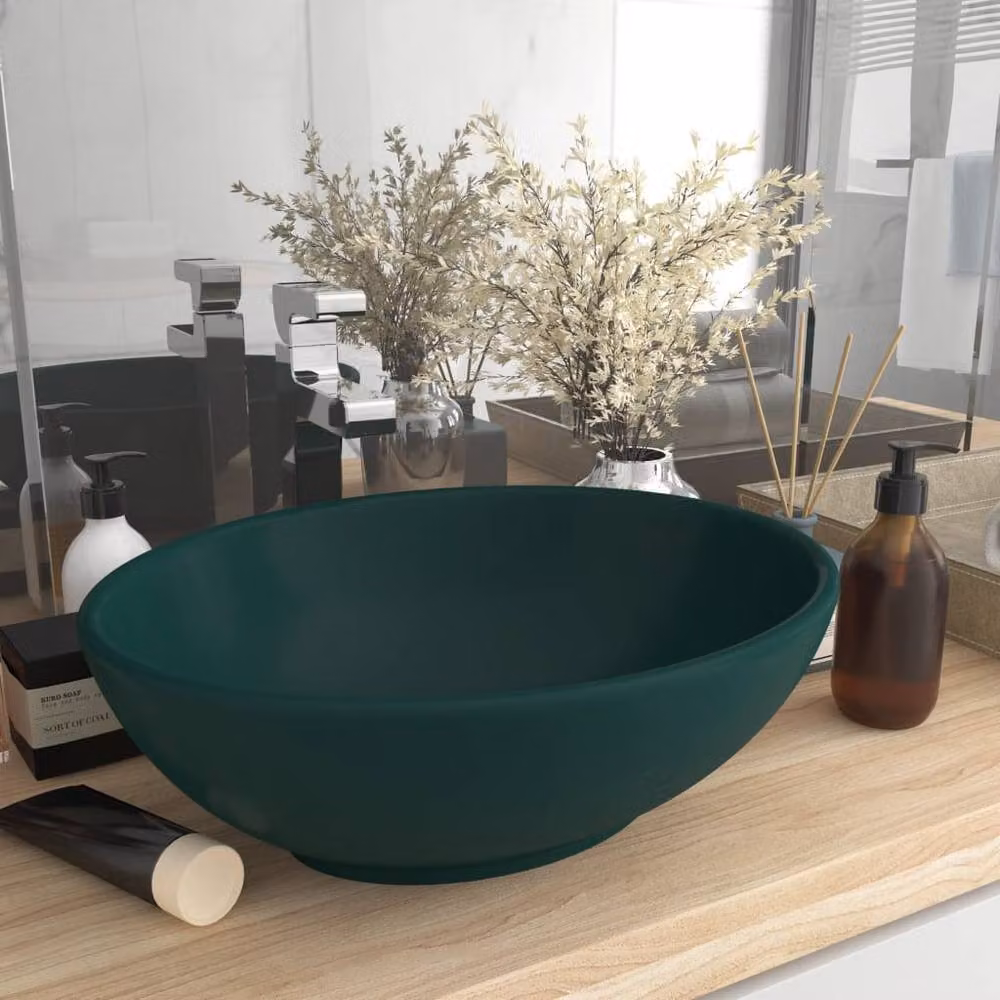 Berkfield Home Luxury Oval Ceramic Basin in Matt Dark Green, W: 40 cm, D: 33 cm – 2