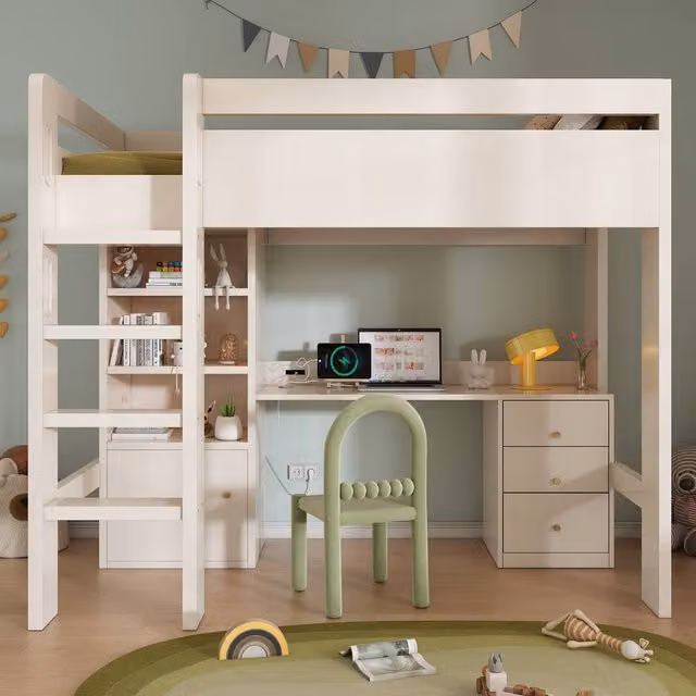 Matteo White Kids' Single High Sleeper Loft Bed with USB Charging Port, Desk, Storage Drawers and Stairs – 1