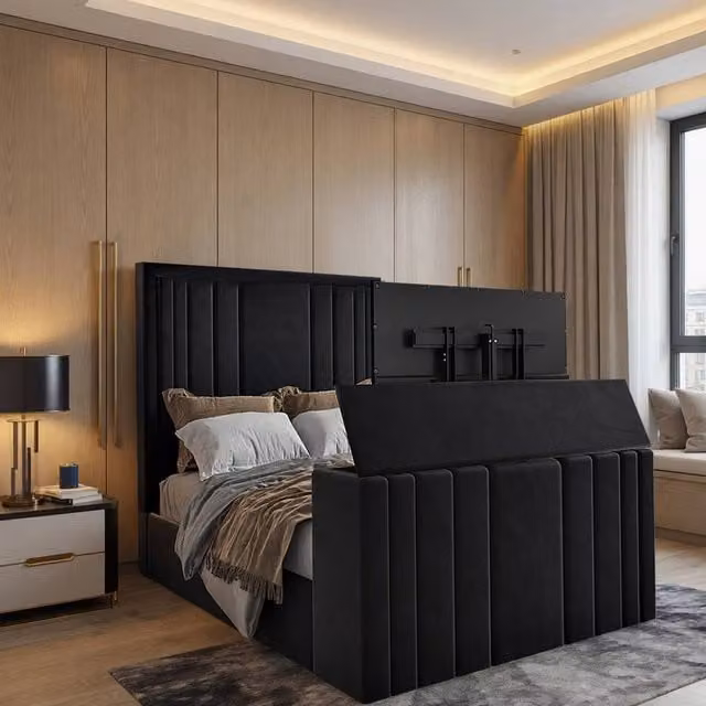 KDMD Yedingham Upholstered Soft Velvet Black TV Bespoke Bed Frame with Lift Up Base, Double W/D/H: 140 x 200 cm
