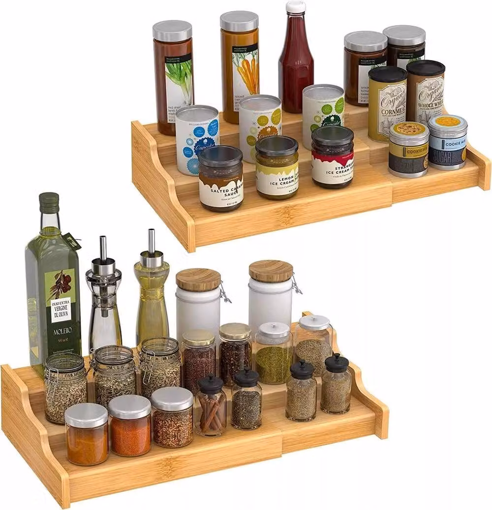 MANTRARAJ Brown Bamboo 3-Tier Expandable Spice Rack Organizer and Kitchen Cabinet Shelf – 2