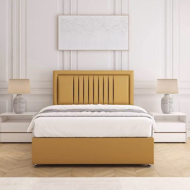 BSSPOKE Canes Divan Bed Set with 24 inch Headboard and Mattress in Mustard Yellow Plush Velvet, King Size W/D/H: 180 x 200 cm