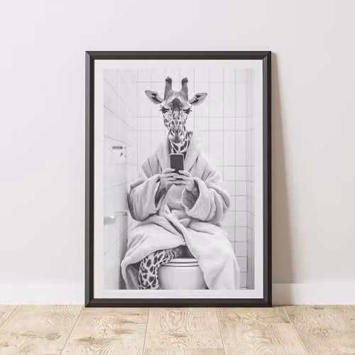 60 Second Makeover Giraffe On Toilet Quirky Animal Print Paper Poster, A4