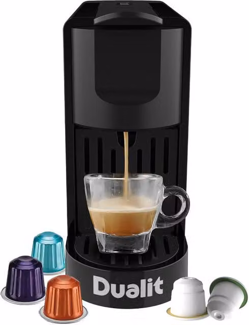 Dualit Nespresso Original Compatible Pod Coffee Machine in Black with Programmable Portions and Auto Shut-off – 1