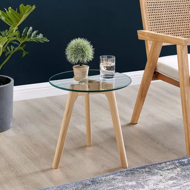 FurnitureboxUK Malmo Round Glass and Beech Wood Side Table, Diameter: 40 cm