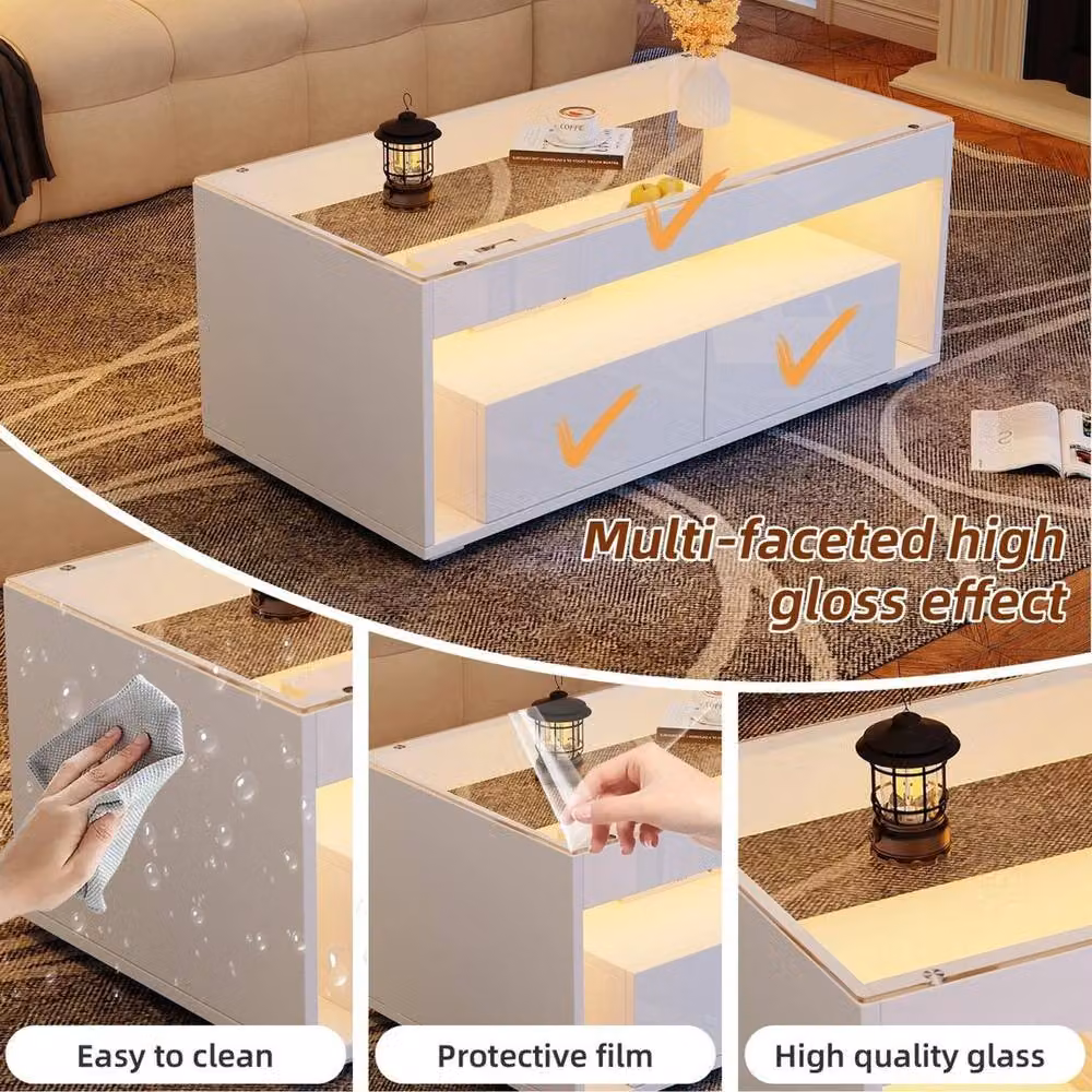 KORVIXA Modern White Square Coffee Table with App LED Lighting and 2 Drawers, W/D/H: 100 x 100 x 40 cm – 3