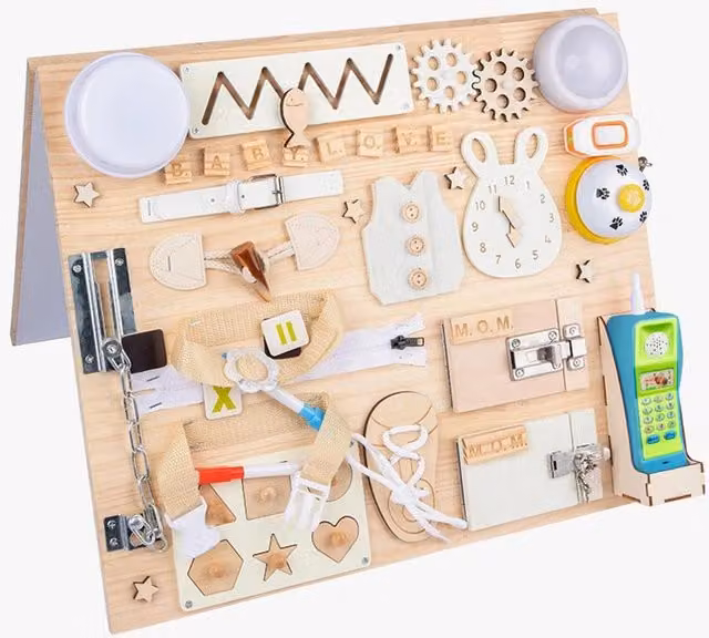 Dyzi Montessori Busy Motor Skills Activity Board in Yellow Wood