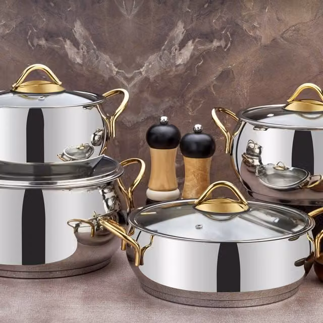 Evimsaray Sevval Series 8-Piece Stainless Steel Cookware Set with Glass Lids, Silver and Gold