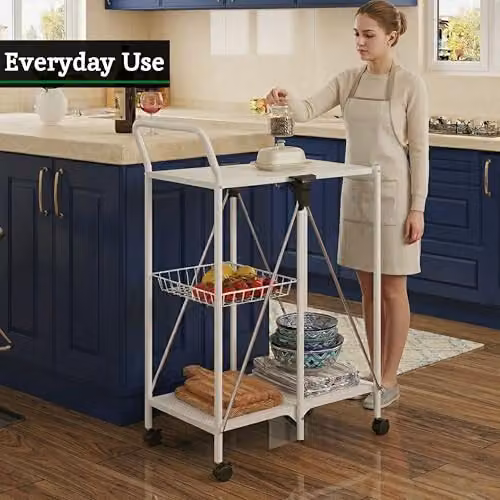 Premier Housewares White Rectangular Folding Kitchen Trolley with Castors – 5