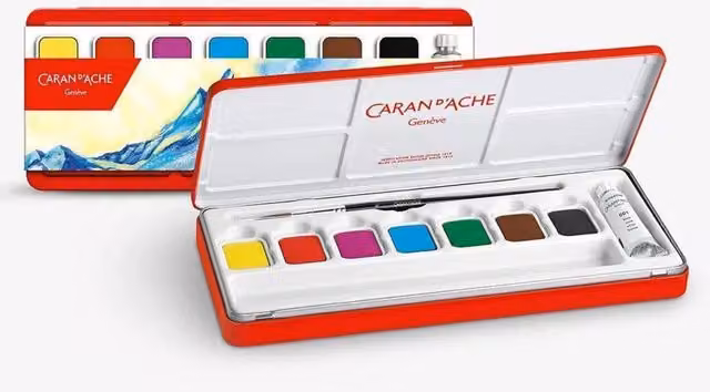 Caran d'Ache Gouache Studio 7 Watercolour Pens with White Tube and Brush, Multicolour