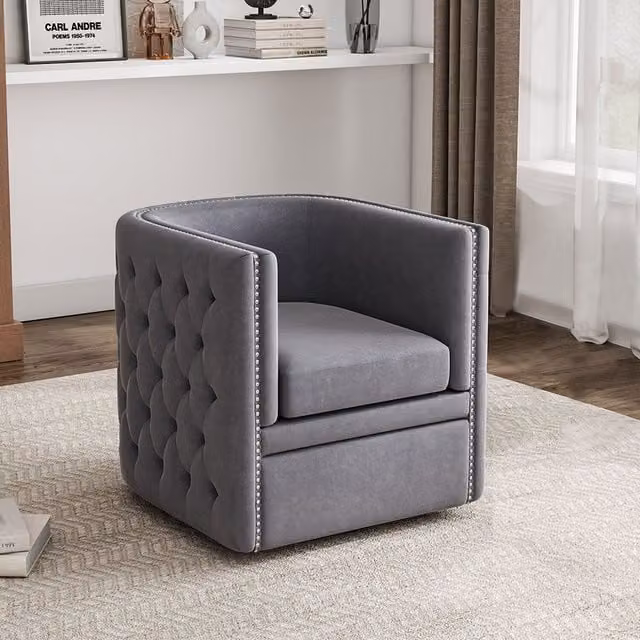 Livingandhome Grey Velvet Swivel Tub Accent Armchair