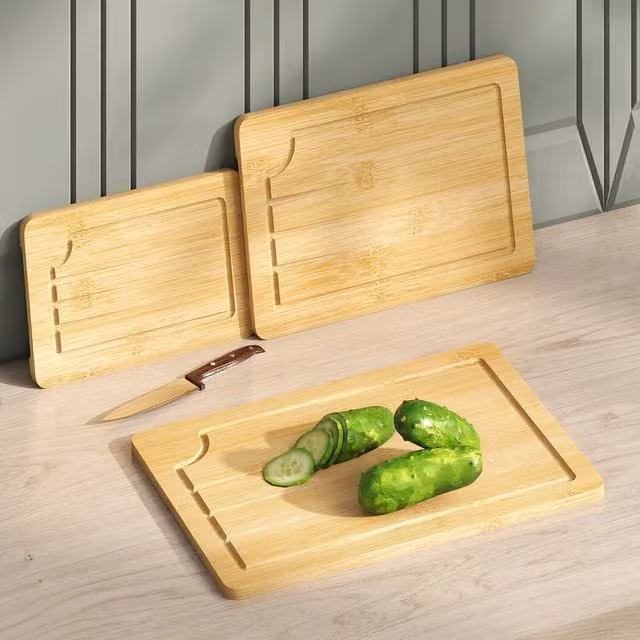 Toque Set of 3 Reversible Rectangular Bamboo Cutting Boards and Serving Platters with Groove in Light Brown and Yellow