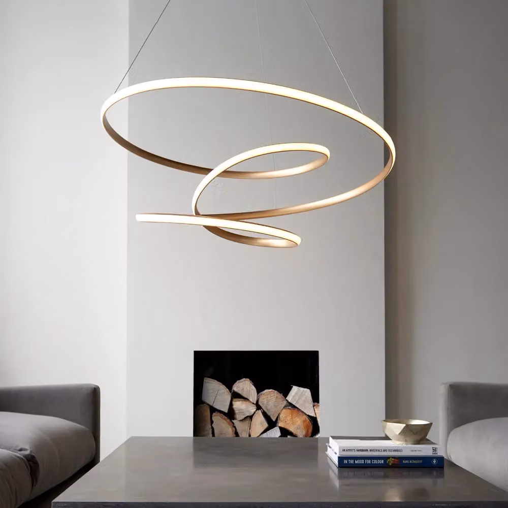 Loops Satin Gold and Matt White Large LED Ceiling Pendant Light with Warm White Tape Light and Dimmable Height Adjustment – 3