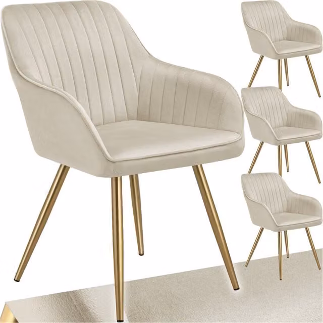 Tectake Marilyn Dining Chair Set of 4 in Beige and Gold Velvet with Metal Legs