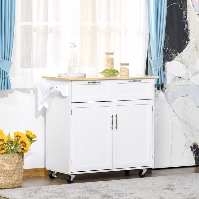 HOMCOM Modern Rolling Kitchen Island in White