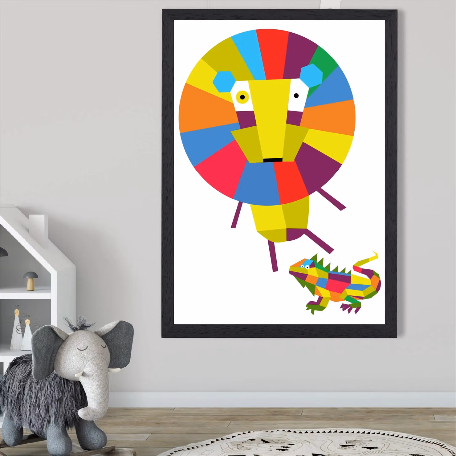 ARTZE Lion Bright Geometric Animal Framed Print, Multicolour, A3, Black Frame – 2