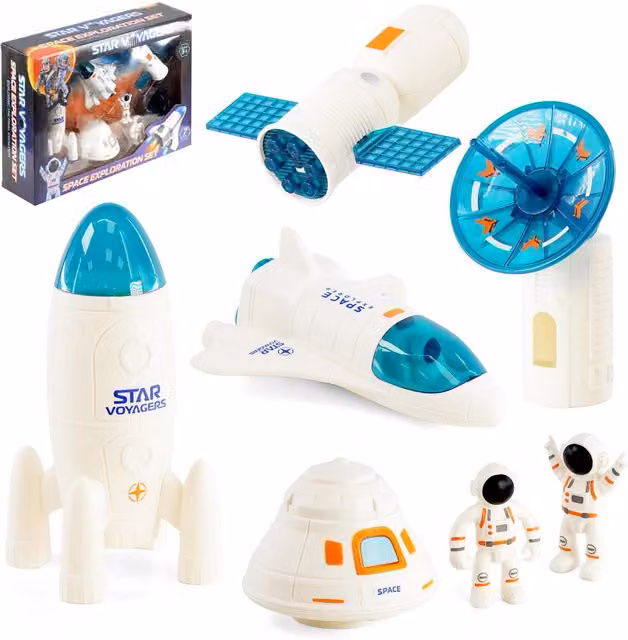 The Magic Toy Shop Space Exploration Set with 7 Plastic Vehicles and Characters in White