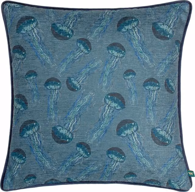 Abyss Jellyfish Chenille Cushion in Petrol Blue Polyester