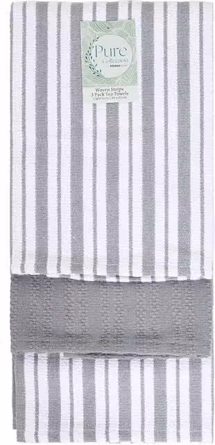 Pure Collection Pack of 3 Highly Absorbent Woven Striped Cotton Tea Towels in Light Grey