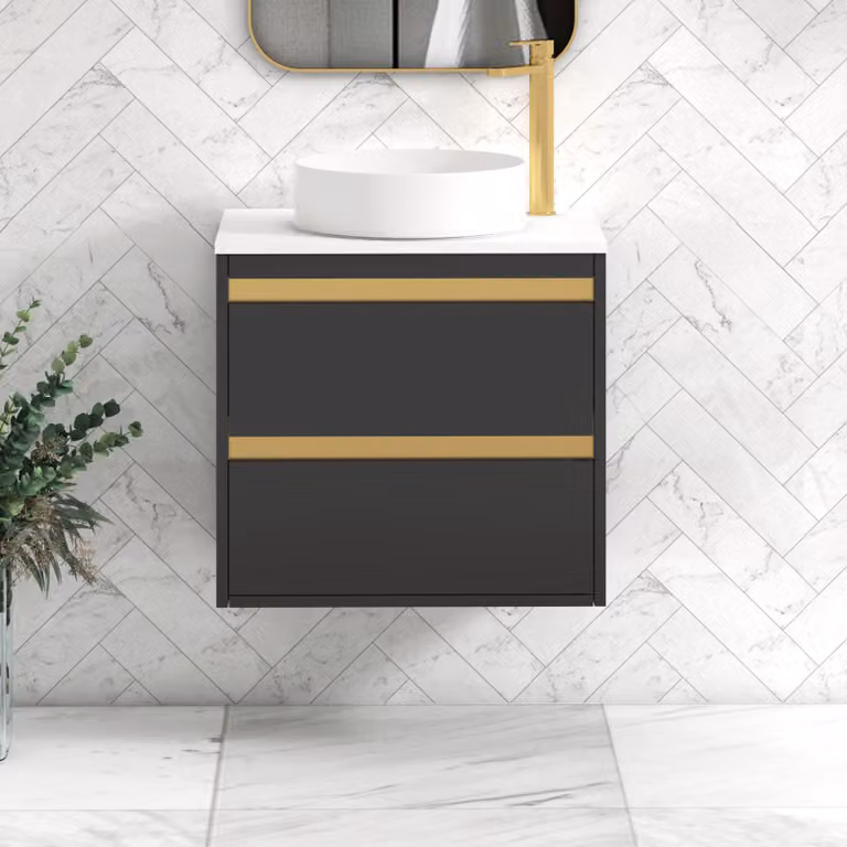 Royal Bathrooms Orion 600mm Wall Mounted Vanity Unit with 2 Drawers, Matt Obsidian Black and White Countertop with Art Basin and Brushed Brass Trim