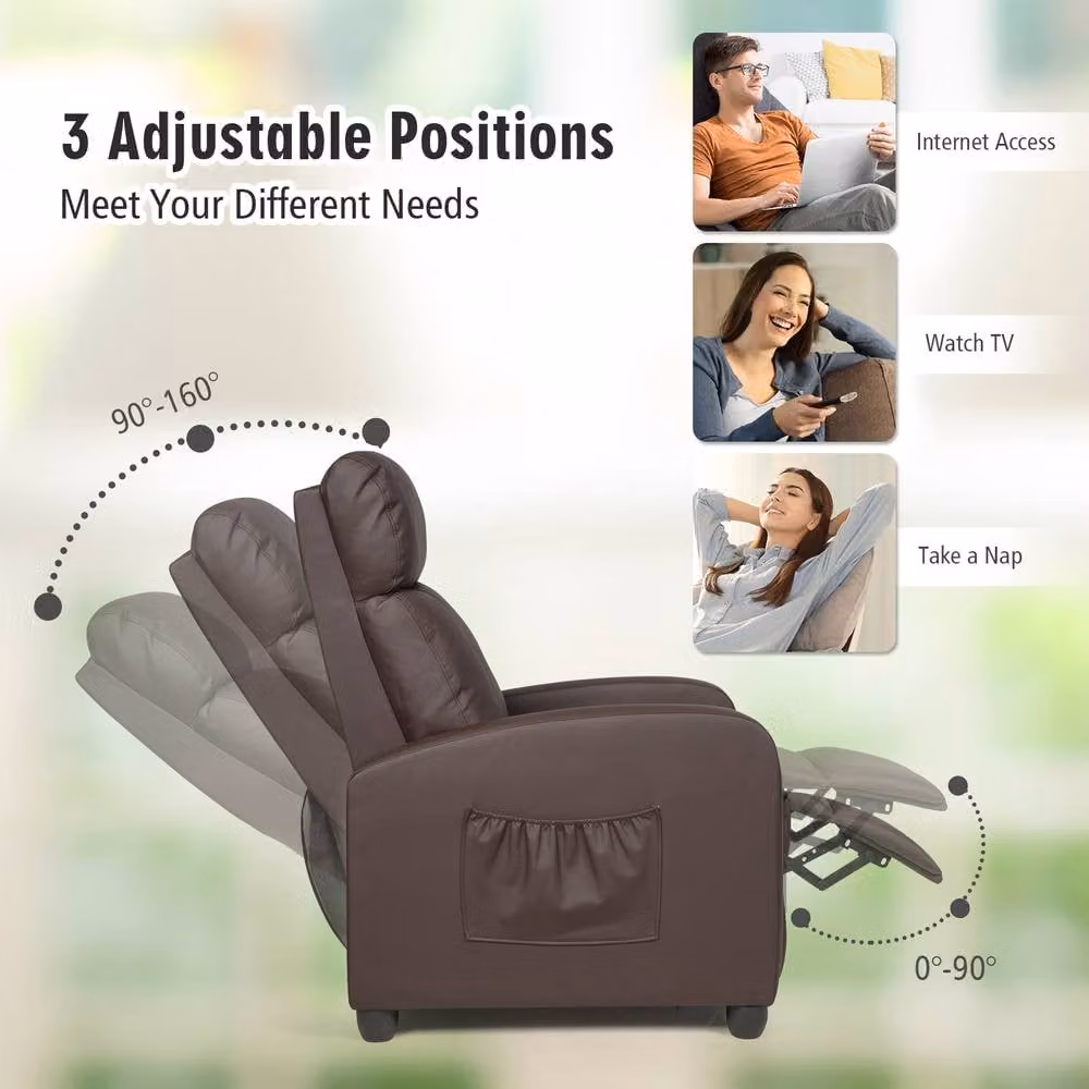 Costway Brown Synthetic Leather Recliner Armchair with Padded Single Sofa Design – 2