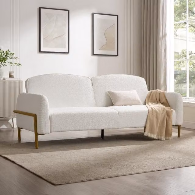 Home Detail Kale 3 Seater Click Clack Sofa Bed in White Bouclé Fabric, W/D/H: 218 x 140 x 84 cm