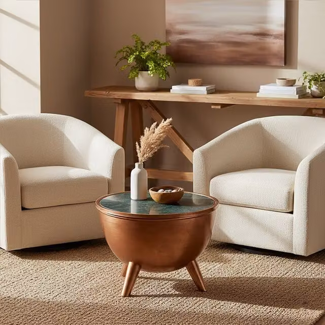 Interiors by Premier Orsina Round Green Marble Coffee Table with Copper Finish Iron Drum Base, Brown