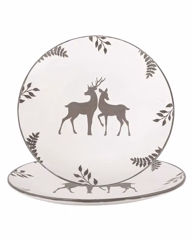 Dibor Set of 6 Grey and White Stag Ceramic Christmas Dinner Plates, Diameter: 27 cm – 2