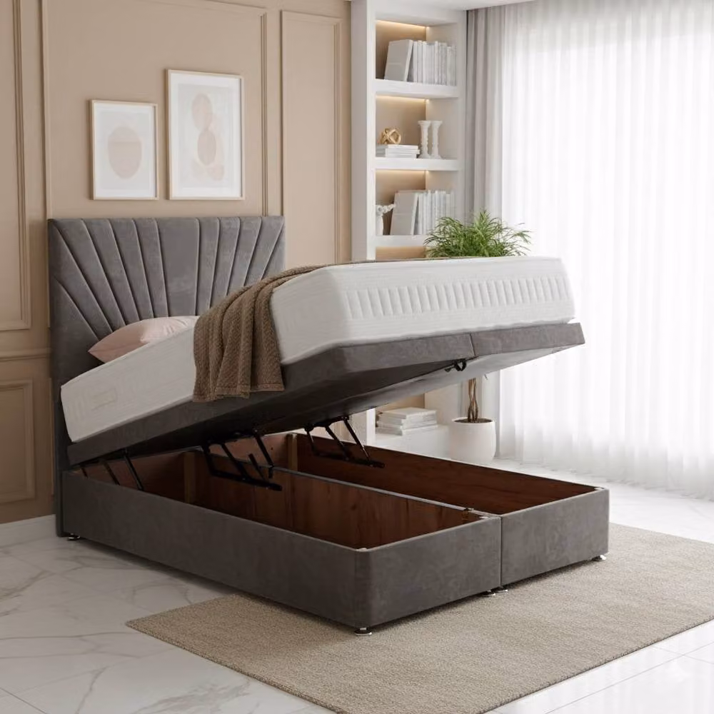 BSSPOKE Maria Ottoman Divan Bed in Grey Plush Velvet with 54 inch Headboard, W/D/H: 120 x 200 cm
