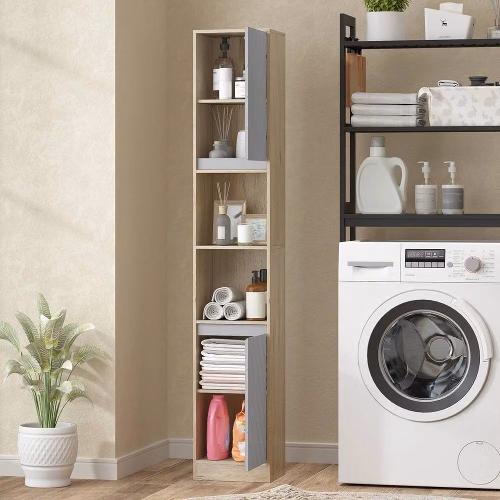 FORGEVIO Oak Narrow Grey Bathroom Storage Cabinet with Open Compartment and Internal Shelves – 4