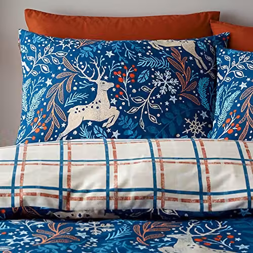 Happy Linen Company Winter Stags Blue Reversible Double Duvet Cover and Pillowcase Bedding Set, W/D/H: 200 x 200 cm and 50 x 75 cm – 2