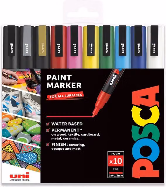 Set of 10 POSCA PC-3M Multicolour Permanent Paint Marker Pens with Bullet Nib