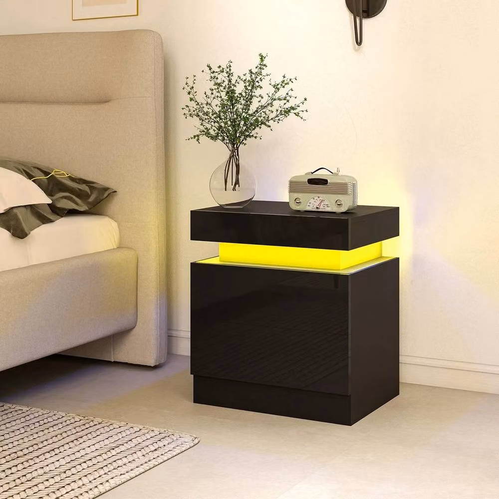 SPETLEK Set of 2 High Gloss Modern Bedside Tables with Integrated LED Lighting in Black – 6