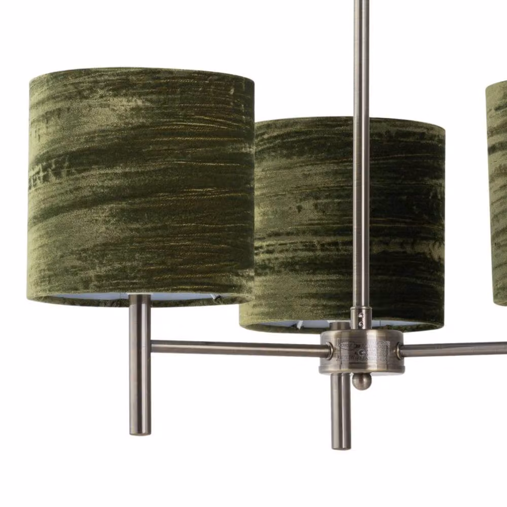 First Choice Lighting Brea Antique Brass 3 Light Ceiling Fitting with Green Fabric Shades – 2