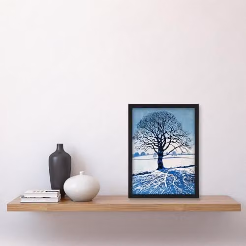 Artery8 Winter Oak Tree Silhouette Snow Field Landscape Framed Wall Art Print, White and Blue, W: 29.7 cm, H: 32.3 cm – 4