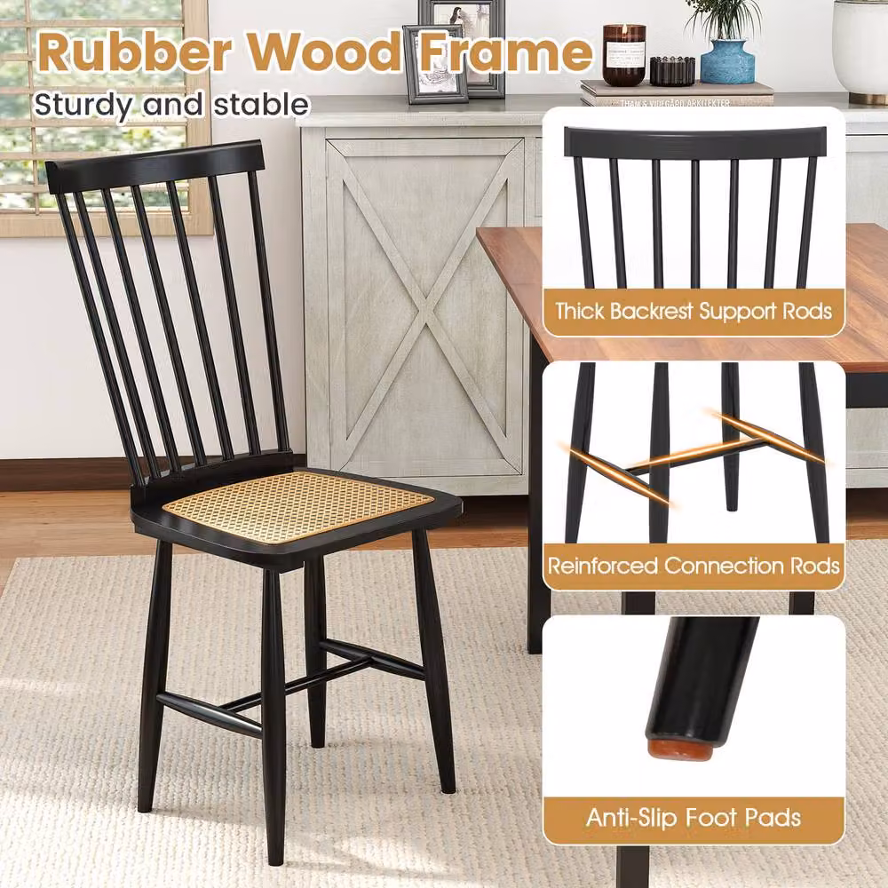 Costway Set of 2 Windsor Dining Chairs in Black with Spindle Back and PE Rattan Seat – 4