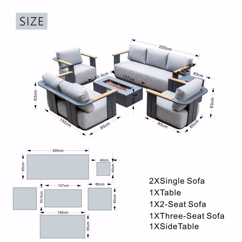 MIMO 7-Seater Grey Garden Sofa Set with Teak Armrests and Iron Firepit Table – 3